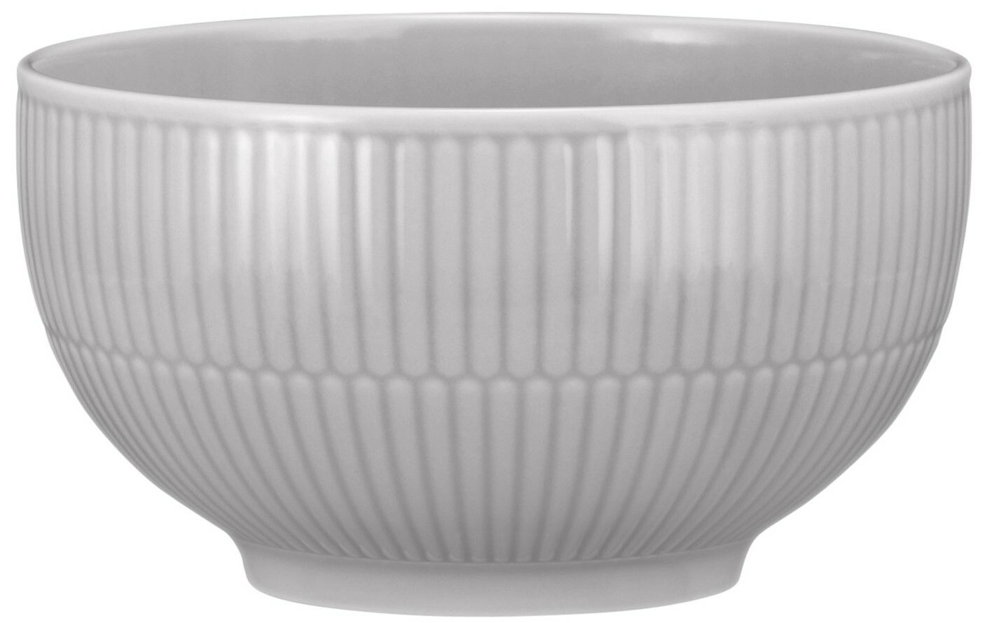 Graue Müsli-Schale mit geriffeltem Design, seitliche Perspektive