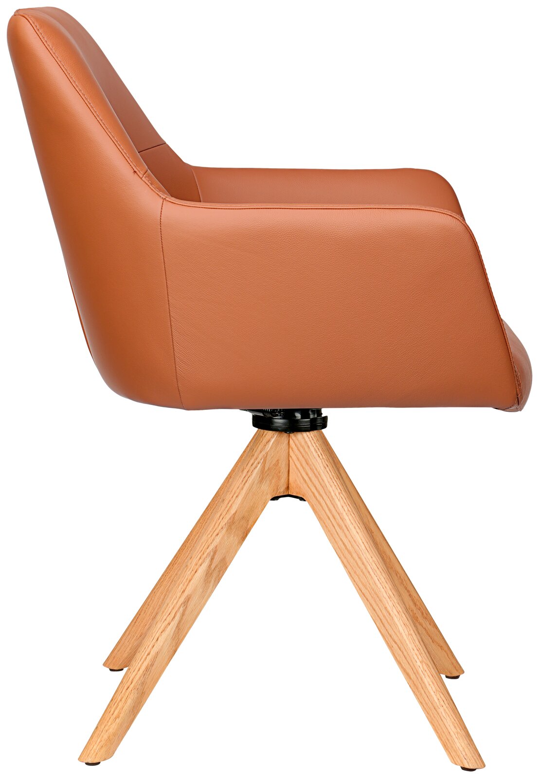 Seitenansicht eines modernen Armlehnstuhls mit braunem Lederbezug und Holzbeinen.