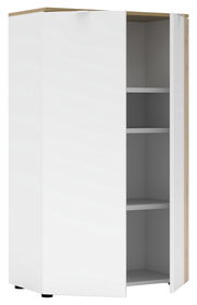 Weißer Büroschrank mit offener Tür, zeigt drei Regalböden, Perspektive von vorne links