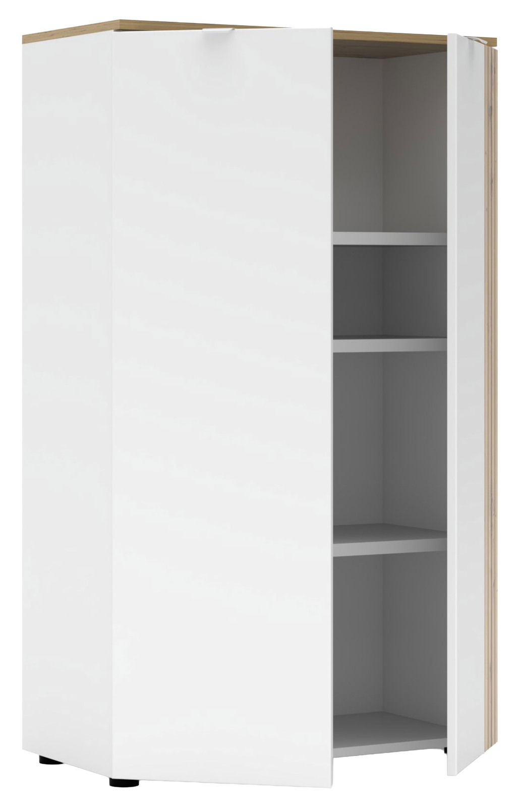 Weißer Büroschrank mit offener Tür, zeigt drei Regalböden, Perspektive von vorne links