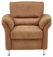 Brauner Sessel mit Armlehnen und Metallfüßen, Frontalansicht