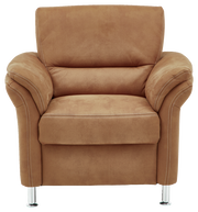 Brauner Sessel mit Armlehnen und Metallfüßen, Frontalansicht