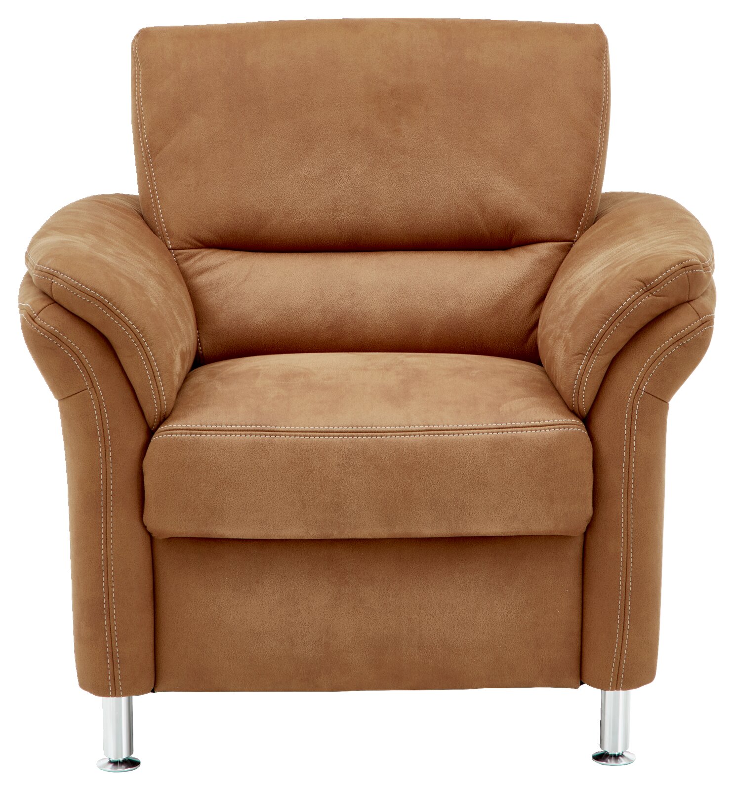Brauner Sessel mit Armlehnen und Metallfüßen, Frontalansicht