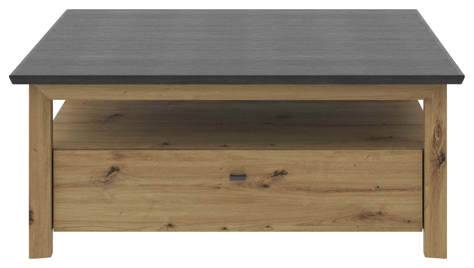 Moderner Couchtisch aus Holz mit dunkler Tischplatte, Frontalansicht