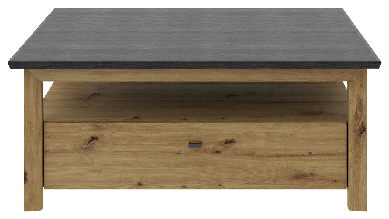 Moderne houten salontafel met donker tafelblad, vooraanzicht