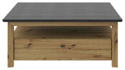 Moderne houten salontafel met donker tafelblad, vooraanzicht