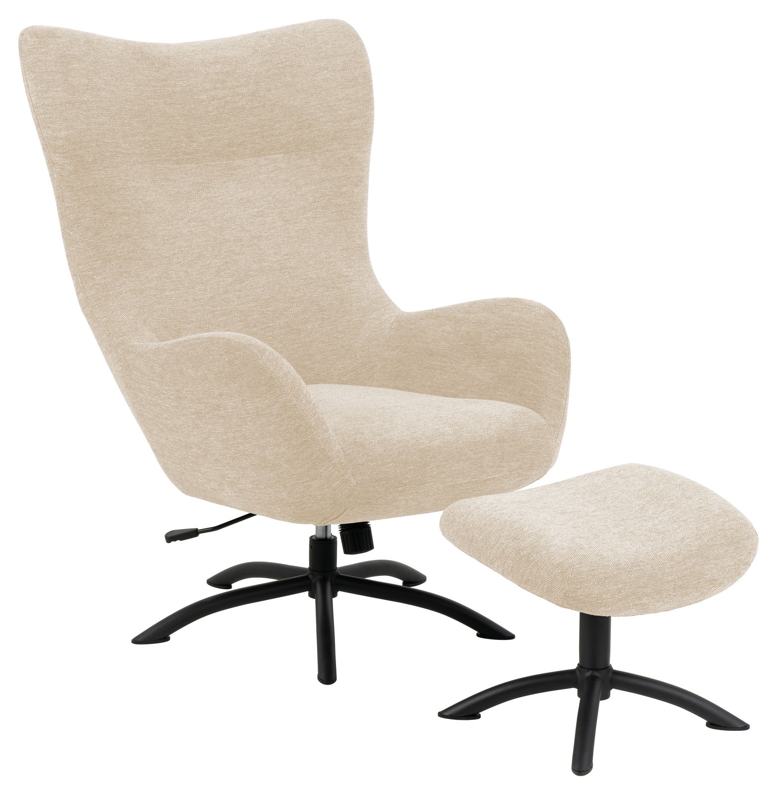 Loungestuhl mit Hocker in beige, seitliche Perspektive