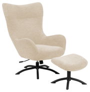 Loungestuhl mit Hocker in beige, seitliche Perspektive