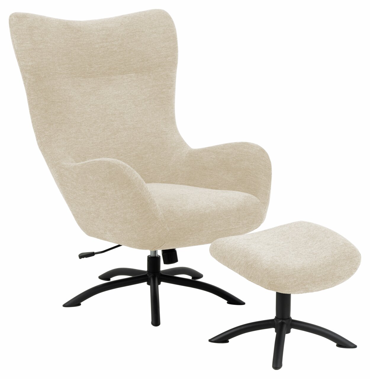 Loungestoel met voetenbankje in beige, zijaanzicht