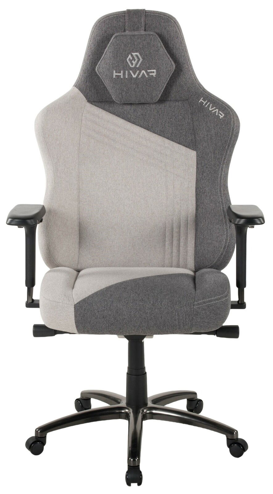 Grauer Gaming-Stuhl mit ergonomischem Design, von vorne gesehen, mit verstellbaren Armlehnen und stabiler Basis.