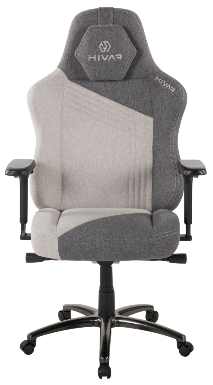 Grauer Gaming-Stuhl mit ergonomischem Design, von vorne gesehen, mit verstellbaren Armlehnen und stabiler Basis.