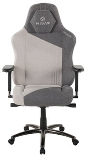 Grauer Gaming-Stuhl mit ergonomischem Design, von vorne gesehen, mit verstellbaren Armlehnen und stabiler Basis.
