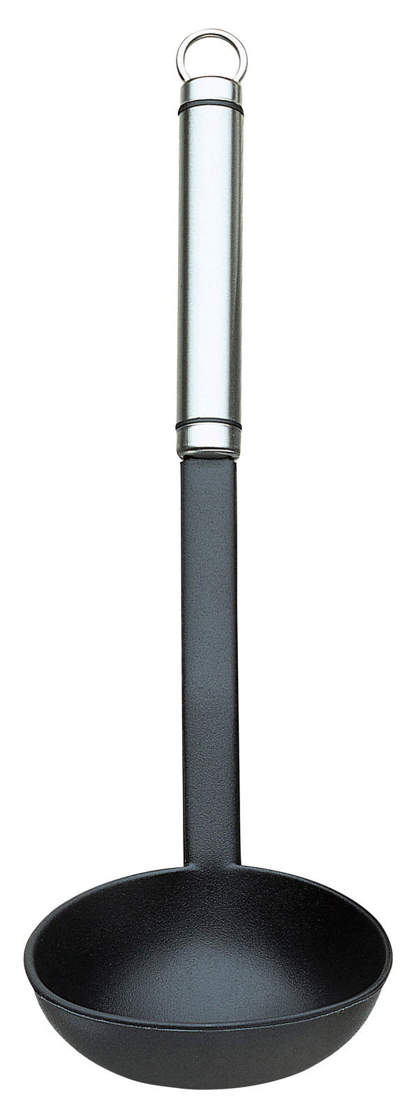 Suppenschöpfer TwinLine aus Edelstahl und schwarzem Kunststoff, frontal abgebildet.