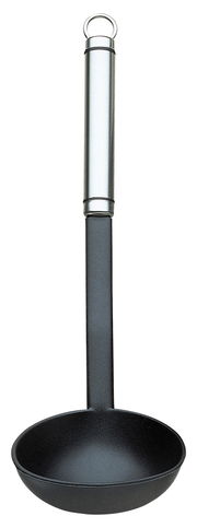 Suppenschöpfer TwinLine aus Edelstahl und schwarzem Kunststoff, frontal abgebildet.