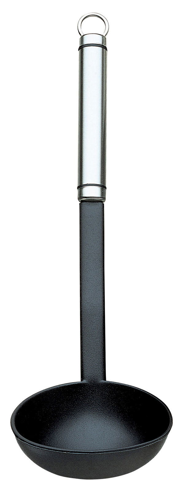 Justinus Suppenschöpfer TWINLINE Suppenschöpfer TwinLine aus Edelstahl und schwarzem Kunststoff, frontal abgebildet.