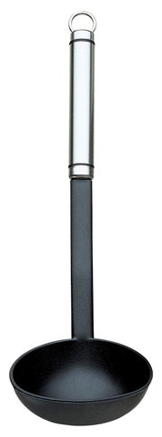 Suppenschöpfer TwinLine aus Edelstahl und schwarzem Kunststoff, frontal abgebildet.