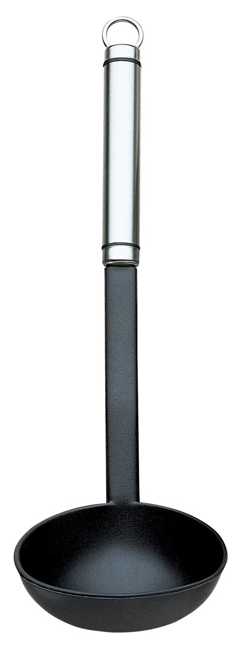 Suppenschöpfer TwinLine aus Edelstahl und schwarzem Kunststoff, frontal abgebildet.