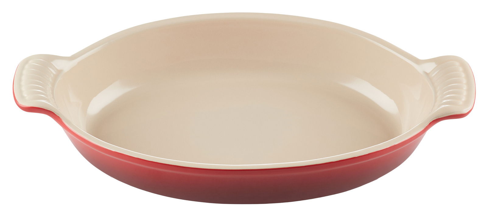 Ovale Auflaufform 28 cm in Kirschrot, seitliche Perspektive