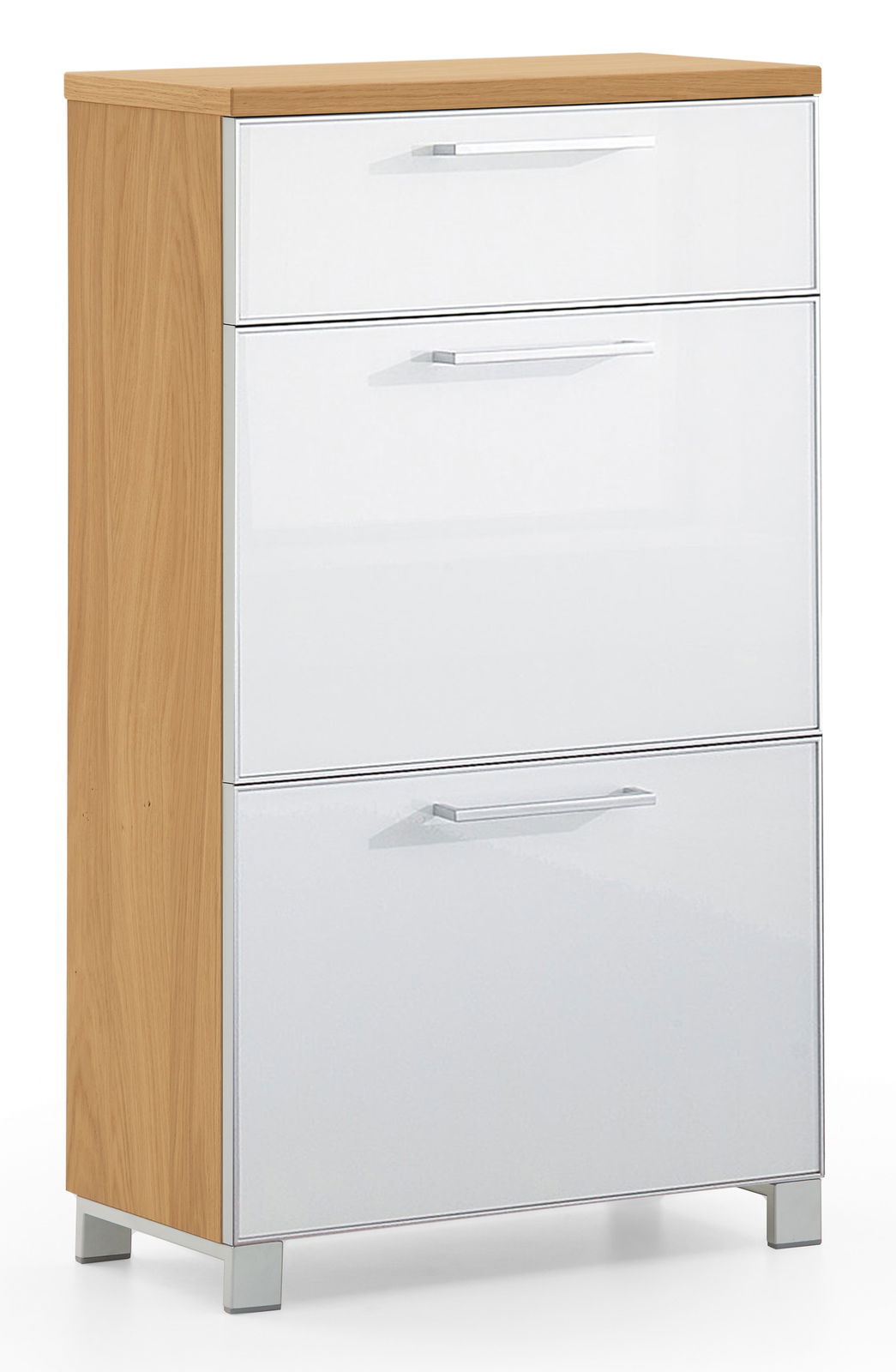 VOSS Schuhschrank schmal SANTINA Schmaler Schuhschrank der Serie SANTINA von VOSS in Holzoptik mit weißen Fronten, seitliche Perspektive