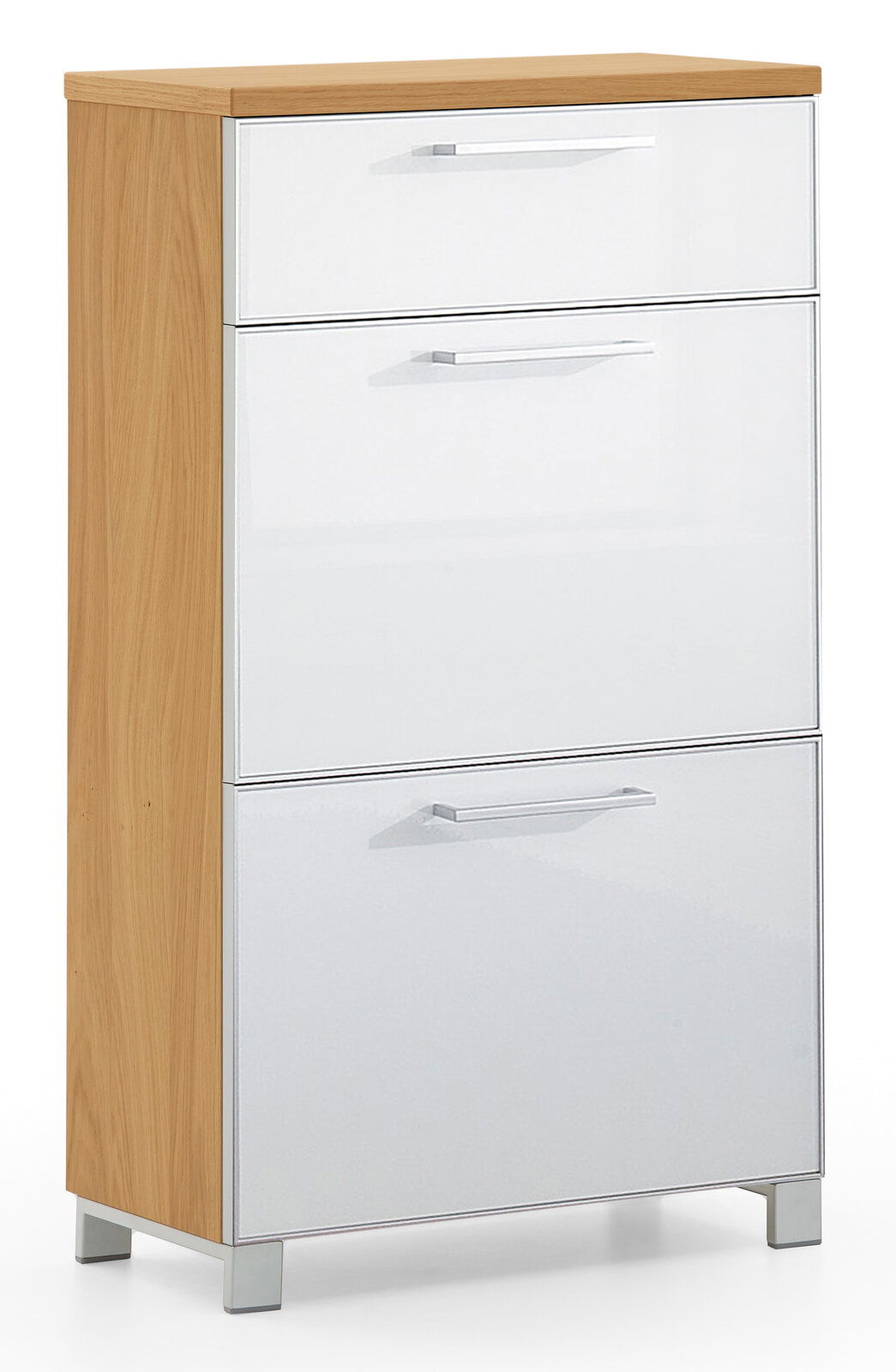 VOSS Schuhschrank schmal SANTINA Schmaler Schuhschrank der Serie SANTINA von VOSS in Holzoptik mit weißen Fronten, seitliche Perspektive