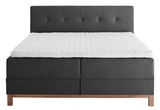 Boxspringbett in Frontalansicht mit grauem Kopfteil und weißer Matratze.
