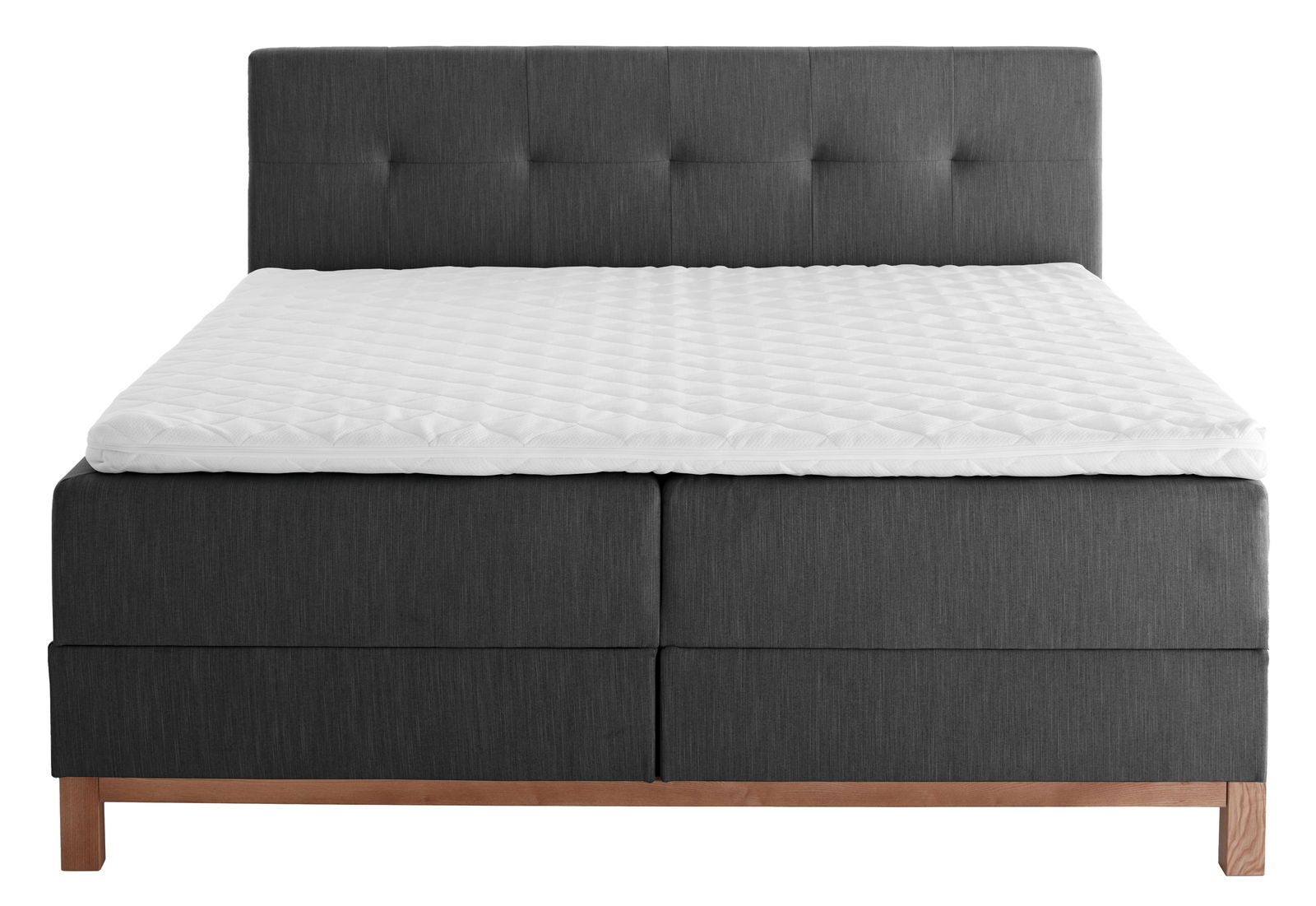 Boxspringbett in Frontalansicht mit grauem Kopfteil und weißer Matratze.