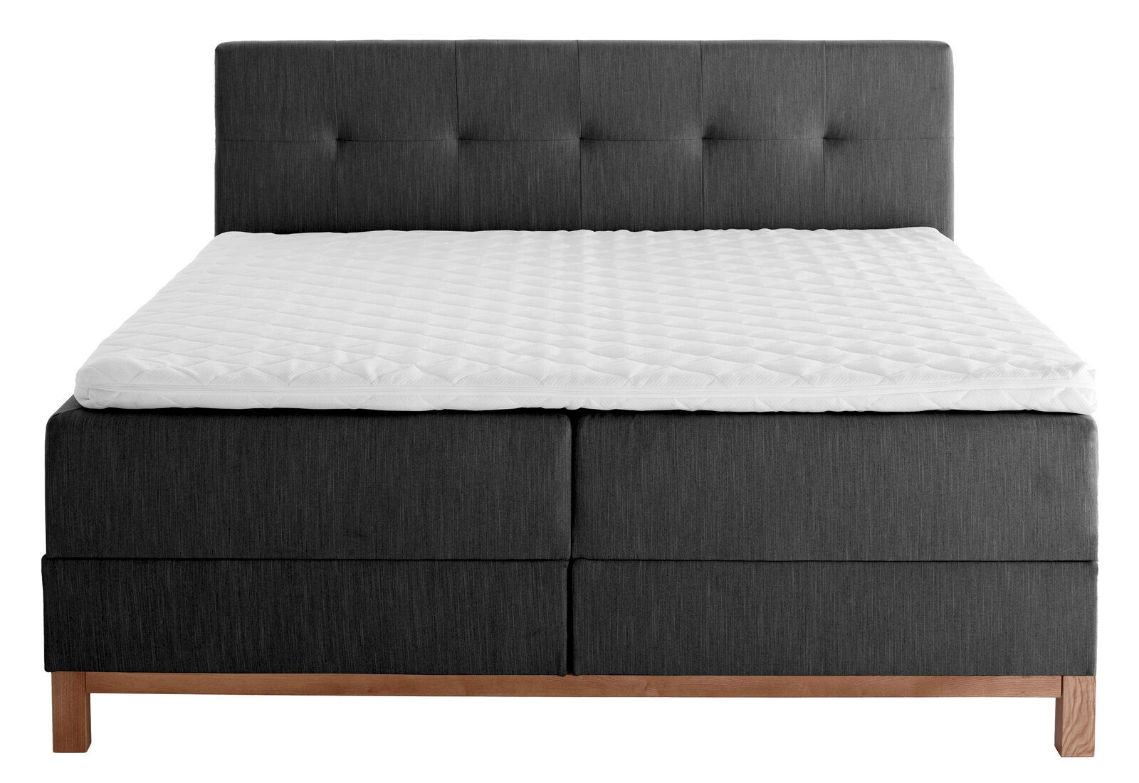 Boxspringbett in Frontalansicht mit grauem Kopfteil und weißer Matratze.