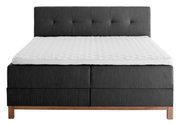 Boxspringbett in Frontalansicht mit grauem Kopfteil und weißer Matratze.