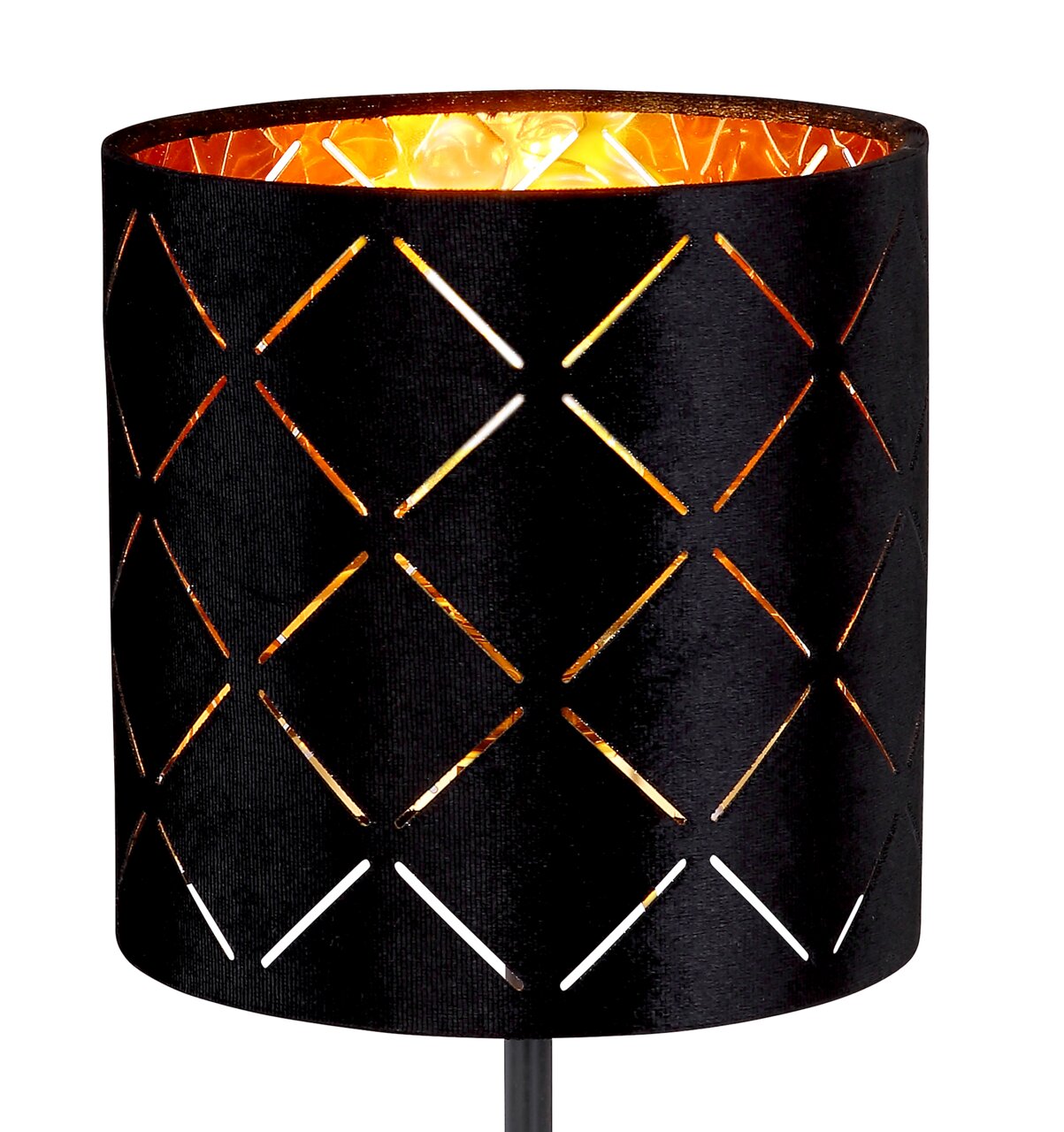 Schwarze Tischleuchte mit rautenförmigem Muster und warmem Licht, seitliche Perspektive