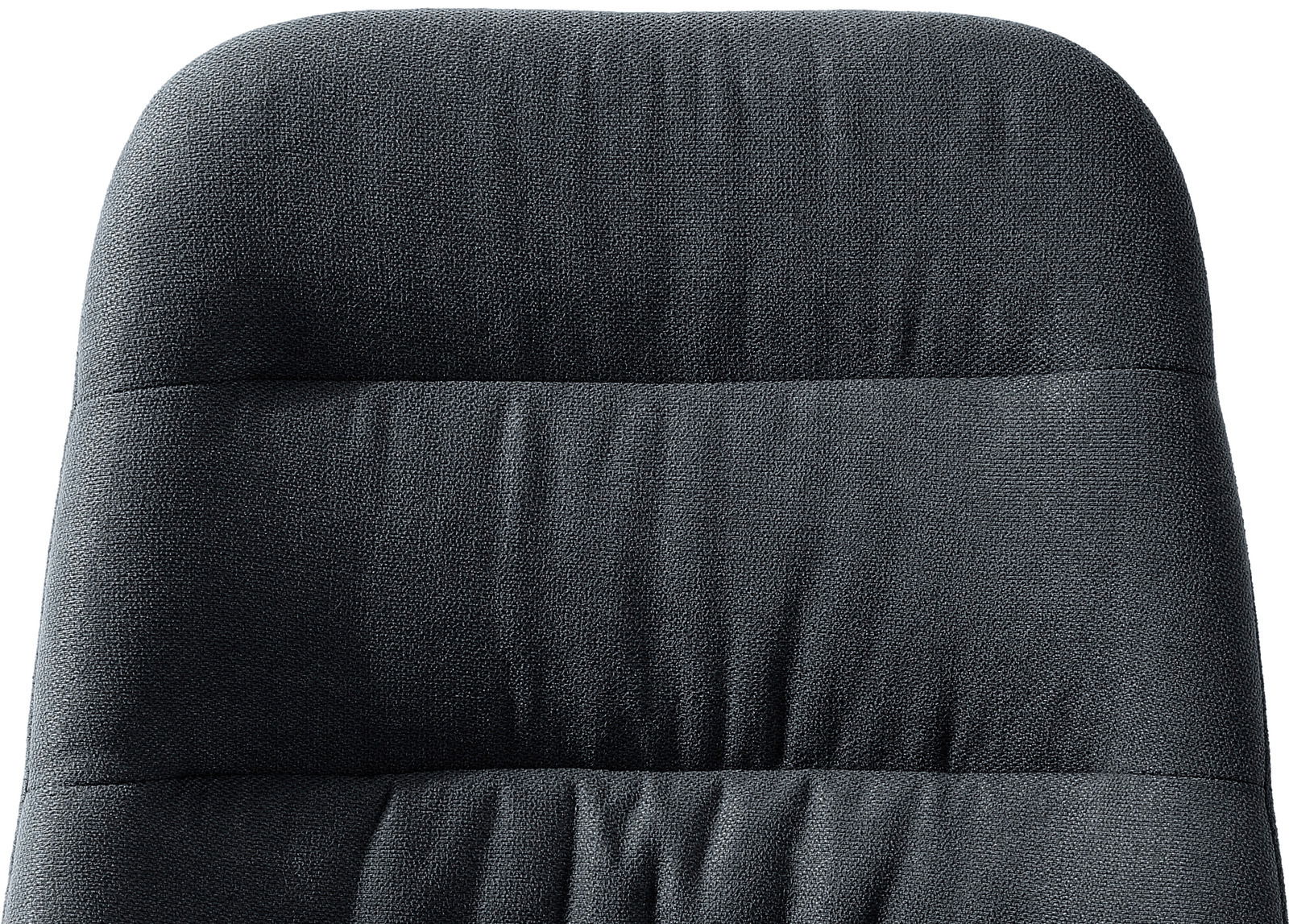 Rückansicht eines gepolsterten Stuhls mit dunkelgrauem Stoffbezug