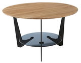 Runder Couchtisch mit Holzplatte und schwarzem Metallgestell, seitliche Perspektive