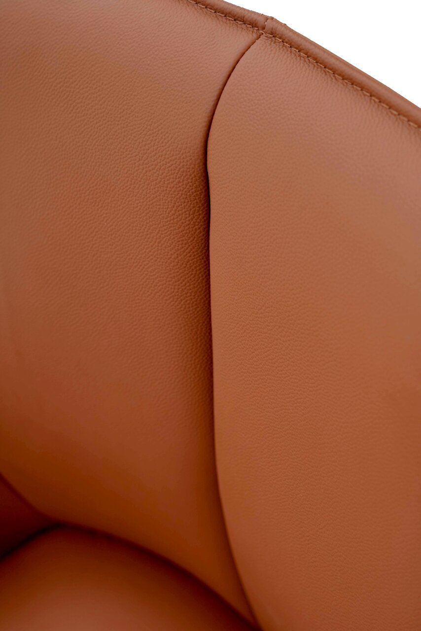 Nahaufnahme eines braunen Armlehnstuhls aus Leder, Fokus auf die Naht und Textur der Rückenlehne.