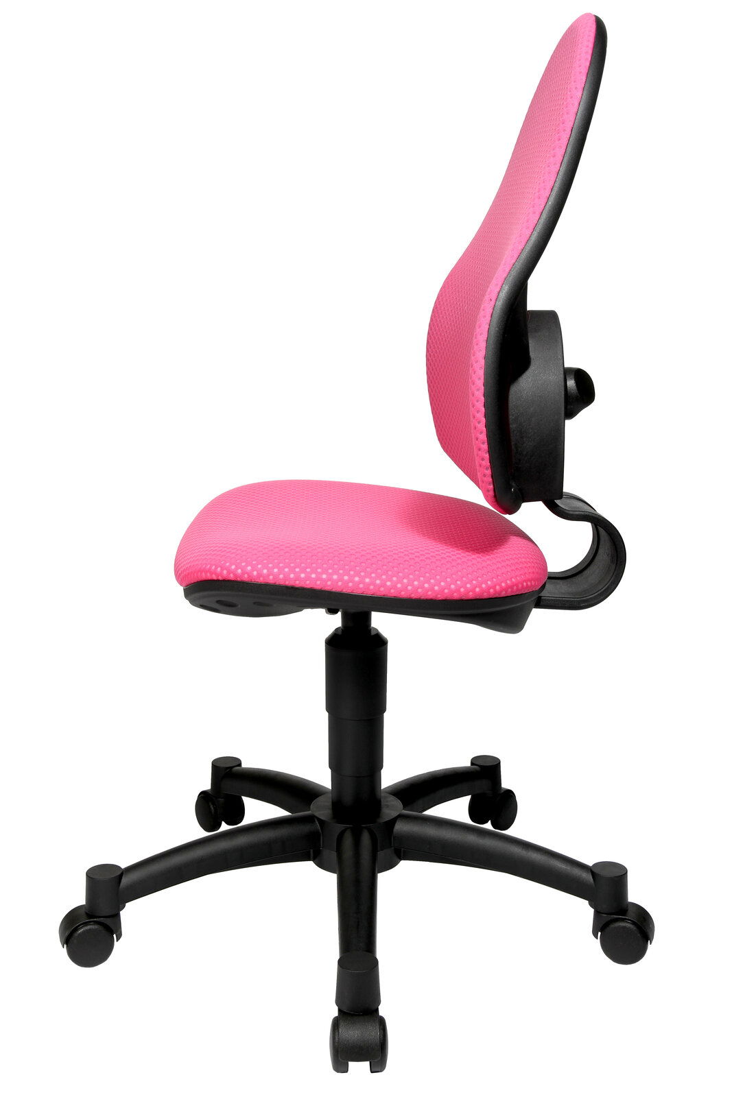 Seitenansicht eines pinken Drehstuhls mit schwarzem Gestell und Rollen