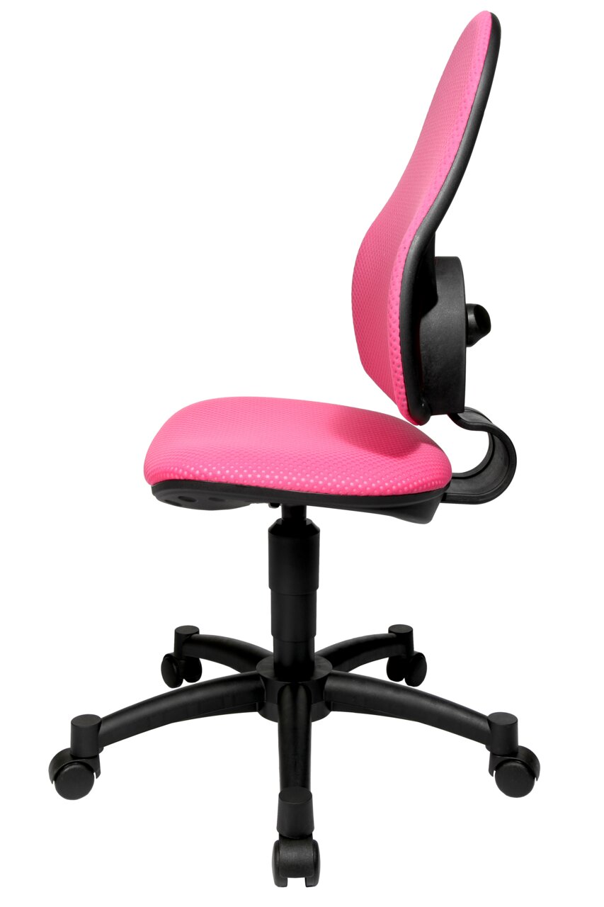 Zijaanzicht van een roze draaistoel met een zwart frame en wieltjes
