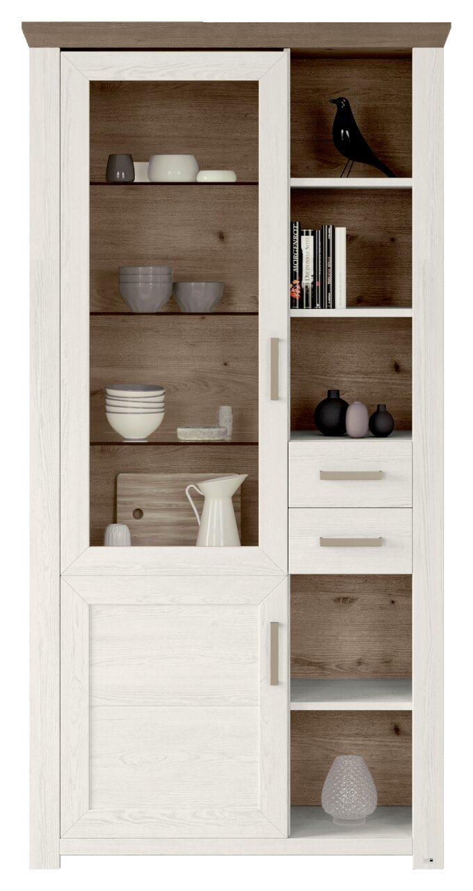 Vitrine aus Holz mit weißen und braunen Elementen, gefüllt mit Geschirr und Dekorationen, frontal betrachtet.