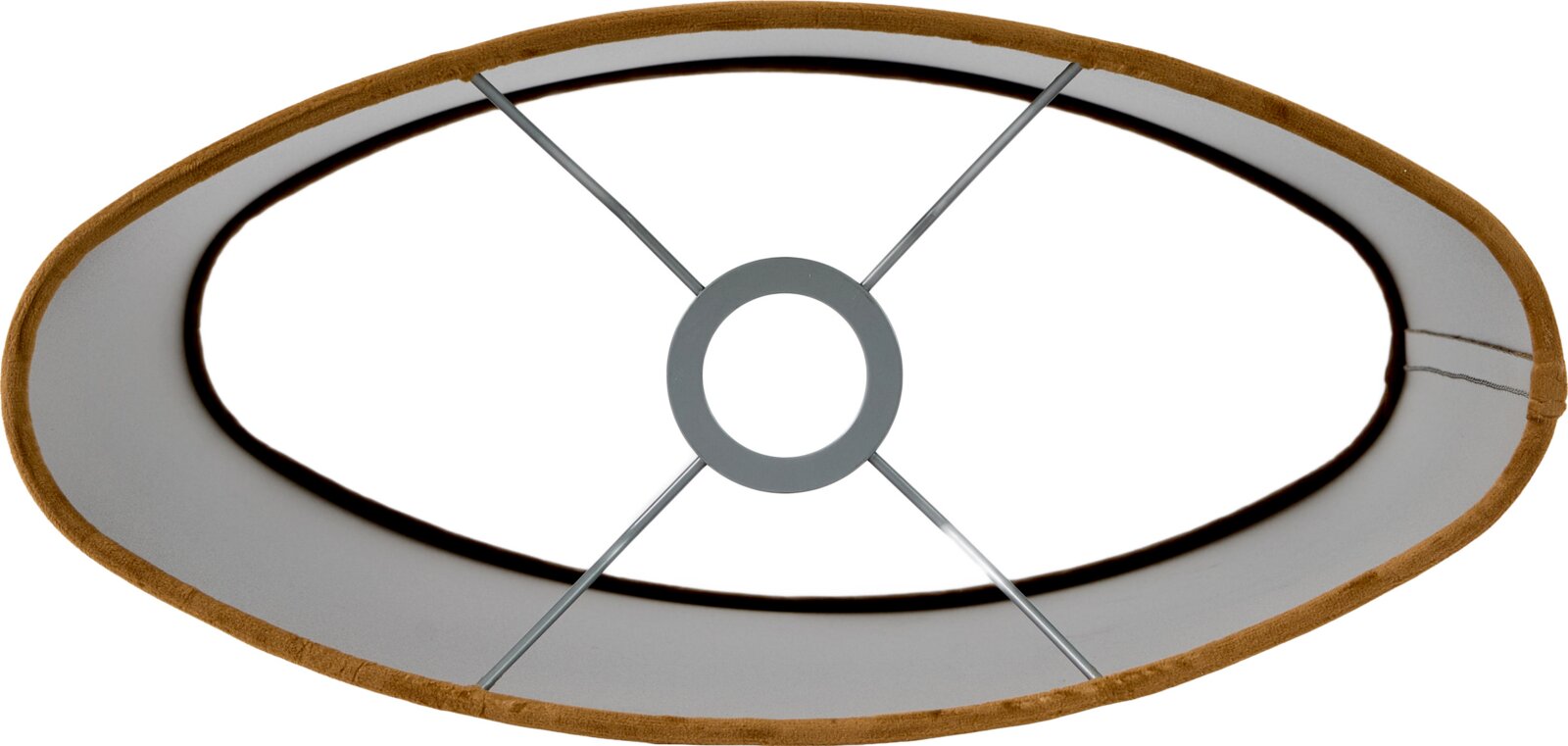 Ovale bruine lampenkap met witte binnenzijde en metalen montagering, van binnenuit gezien