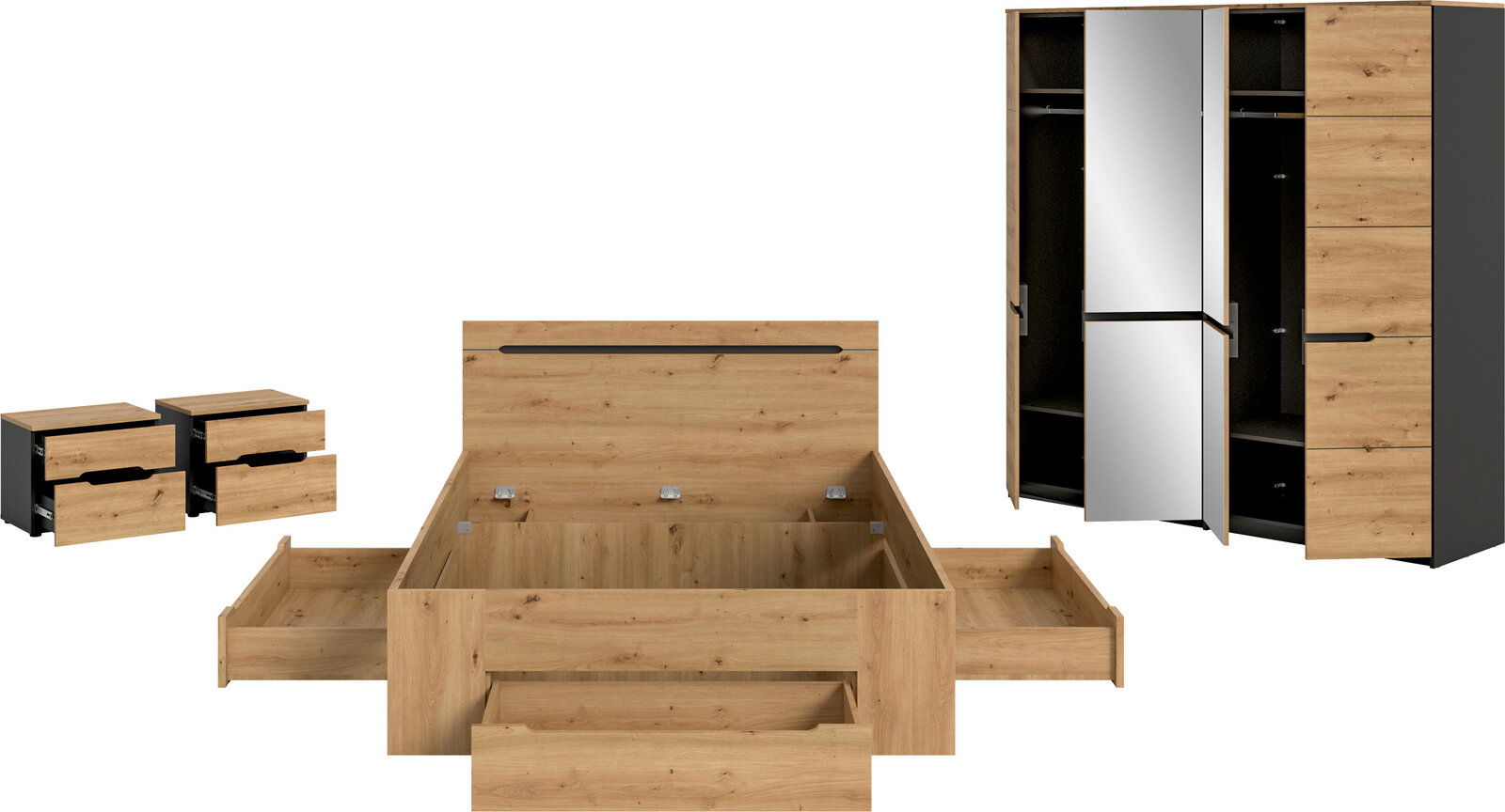 Schlafzimmermöbel-Set in Eiche-Optik mit Bettgestell inklusive Stauraum-Schubladen und Kleiderschrank mit Spiegel- und Holztüren, Frontansicht