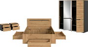 Schlafzimmermöbel-Set in Eiche-Optik mit Bettgestell inklusive Stauraum-Schubladen und Kleiderschrank mit Spiegel- und Holztüren, Frontansicht