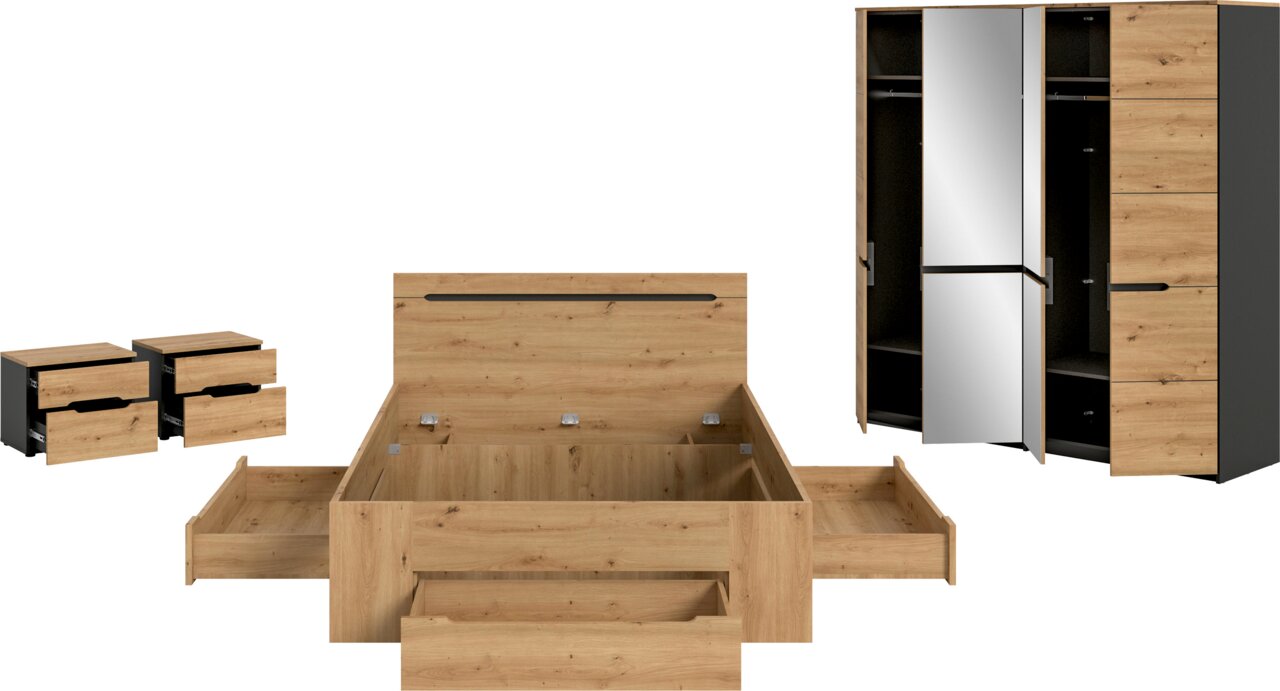 Schlafzimmermöbel-Set in Eiche-Optik mit Bettgestell inklusive Stauraum-Schubladen und Kleiderschrank mit Spiegel- und Holztüren, Frontansicht
