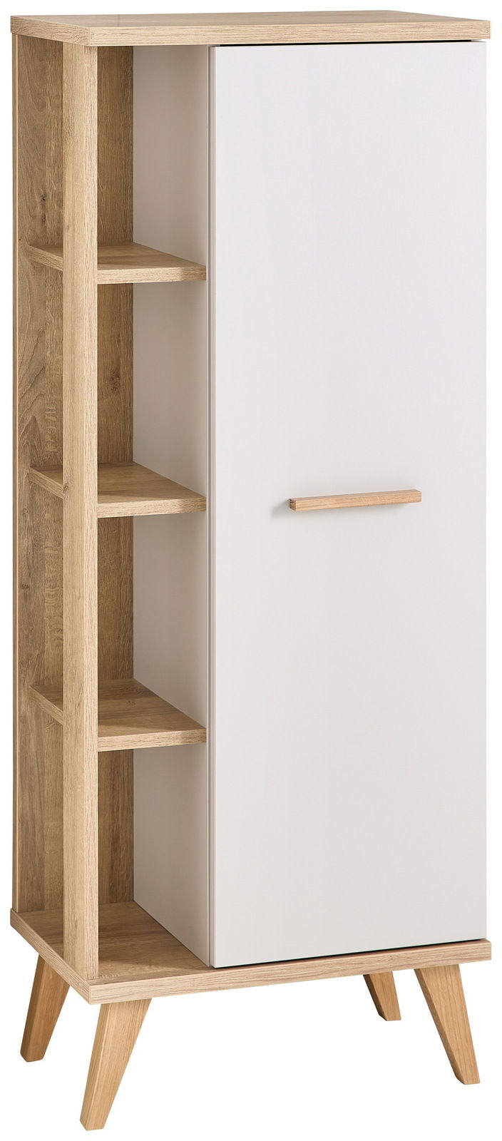 XORA Midischrank QS966 Moderner Midischrank mit weißer Tür und offenen Regalfächern aus Holz, schräg von vorne betrachtet.