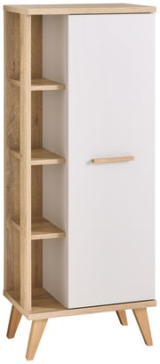 Moderner Midischrank mit weißer Tür und offenen Regalfächern aus Holz, schräg von vorne betrachtet.