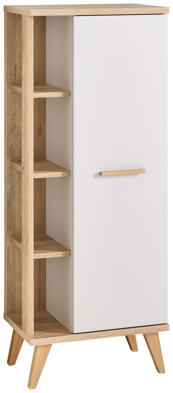 XORA Midischrank QS966 Moderner Midischrank mit weißer Tür und offenen Regalfächern aus Holz, schräg von vorne betrachtet.