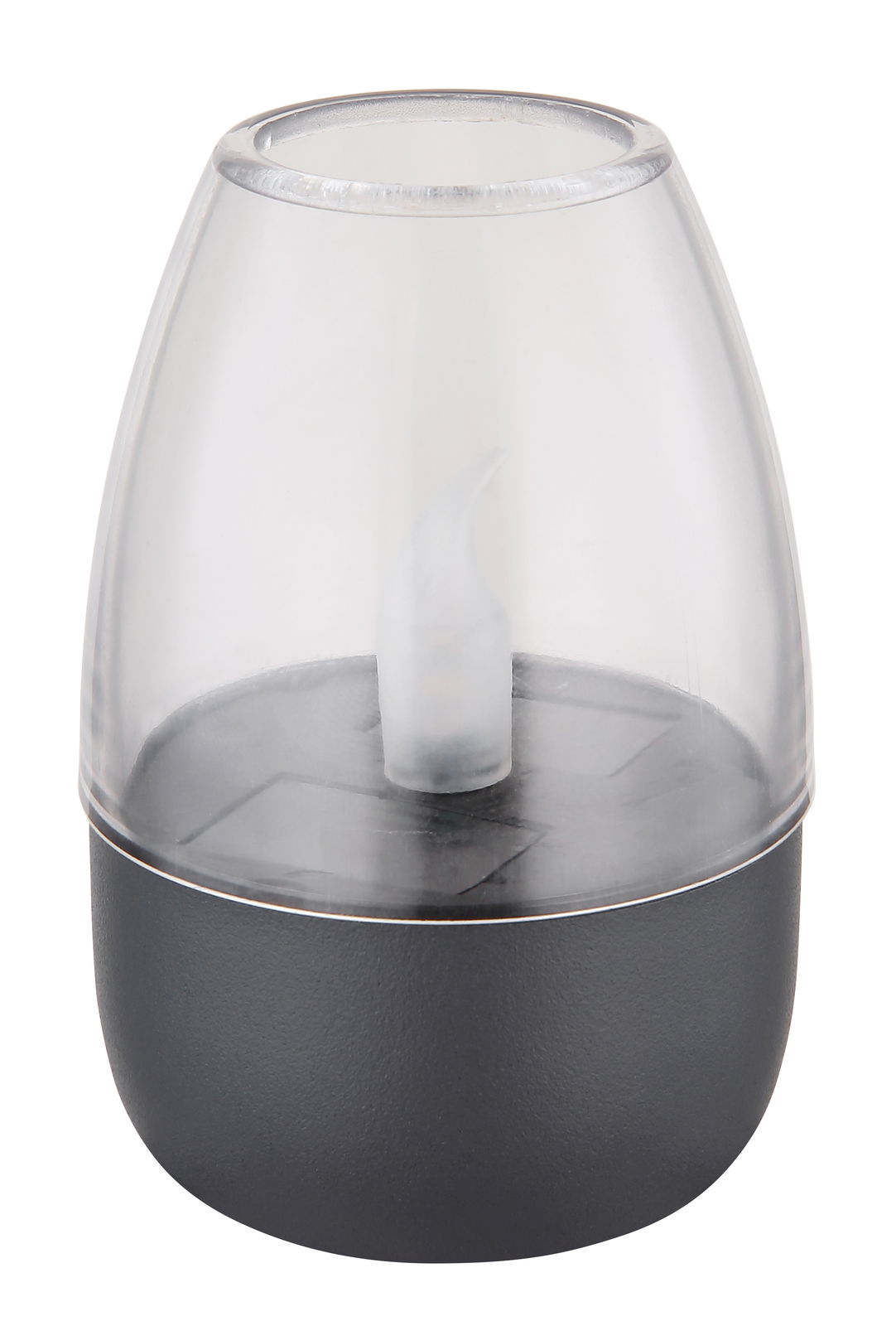 Nahaufnahme einer modernen Solarleuchte mit transparentem Gehäuse und schwarzem Sockel, seitliche Perspektive.