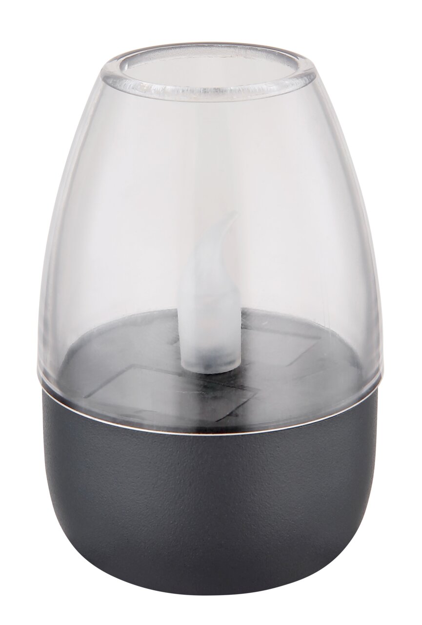 Nahaufnahme einer modernen Solarleuchte mit transparentem Gehäuse und schwarzem Sockel, seitliche Perspektive.