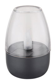 Nahaufnahme einer modernen Solarleuchte mit transparentem Gehäuse und schwarzem Sockel, seitliche Perspektive.