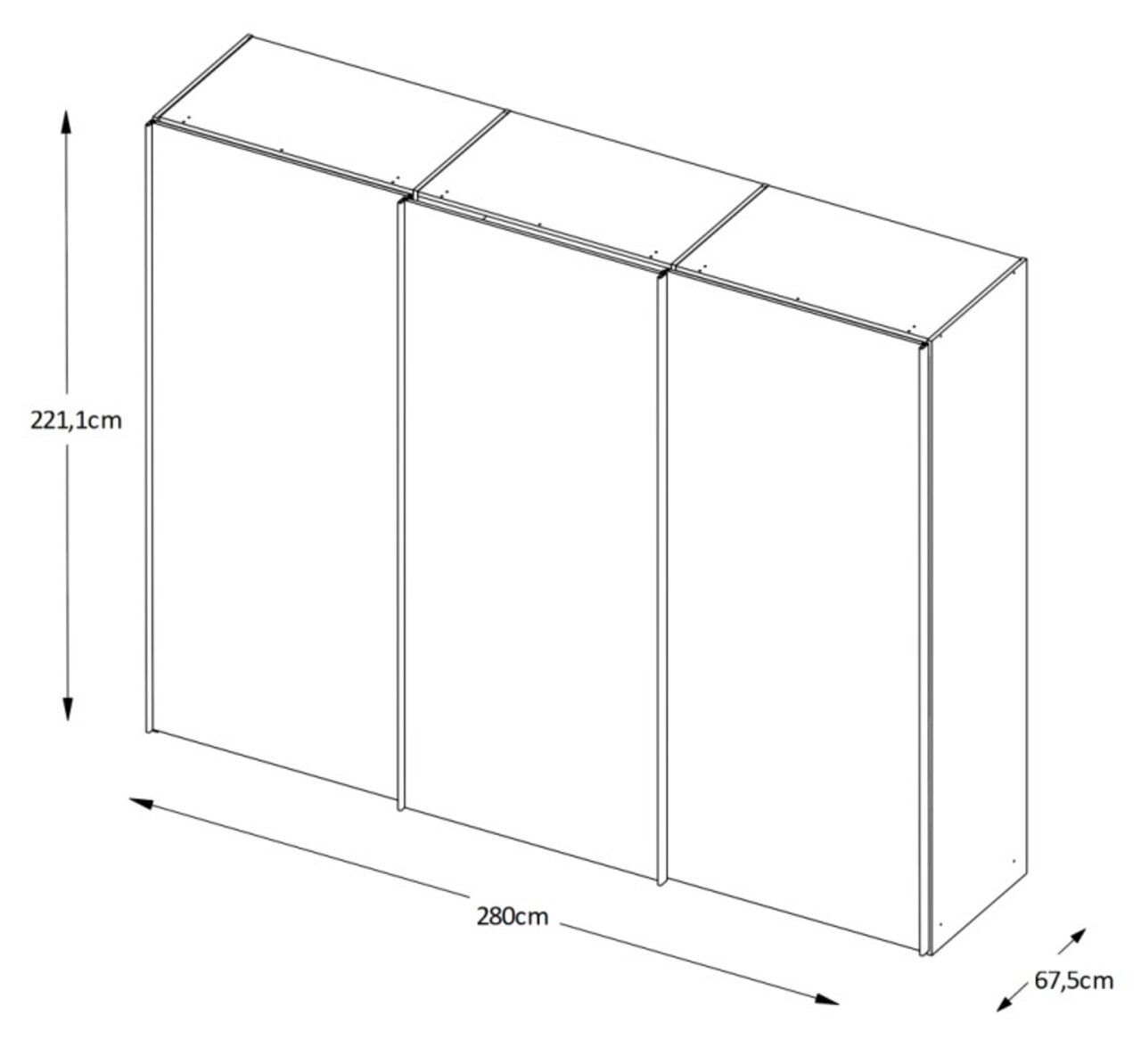 Isometrische Ansicht eines dreitürigen Schwebetürenschranks mit den Maßen 221,1 cm Höhe, 280 cm Breite und 67,5 cm Tiefe.