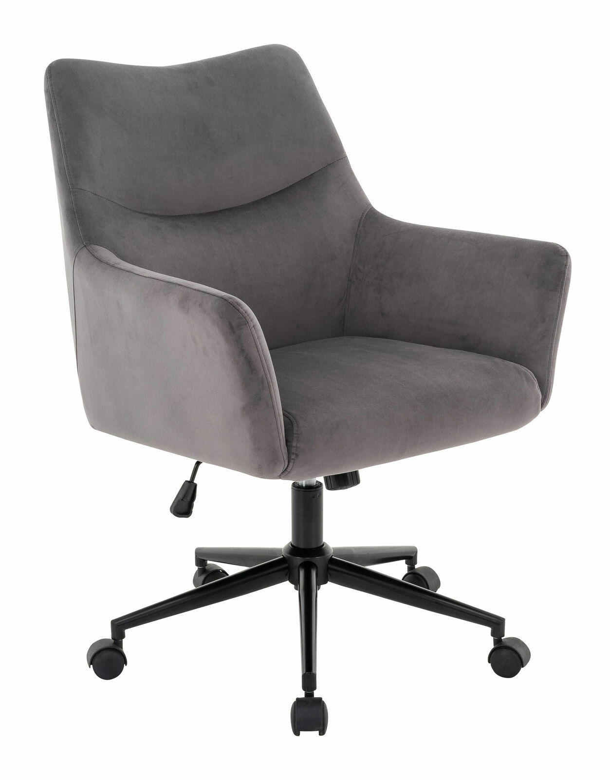 Carryhome Drehstuhl MALAGA Grauer Drehstuhl mit Armlehnen und fünf Rollen, seitliche Perspektive