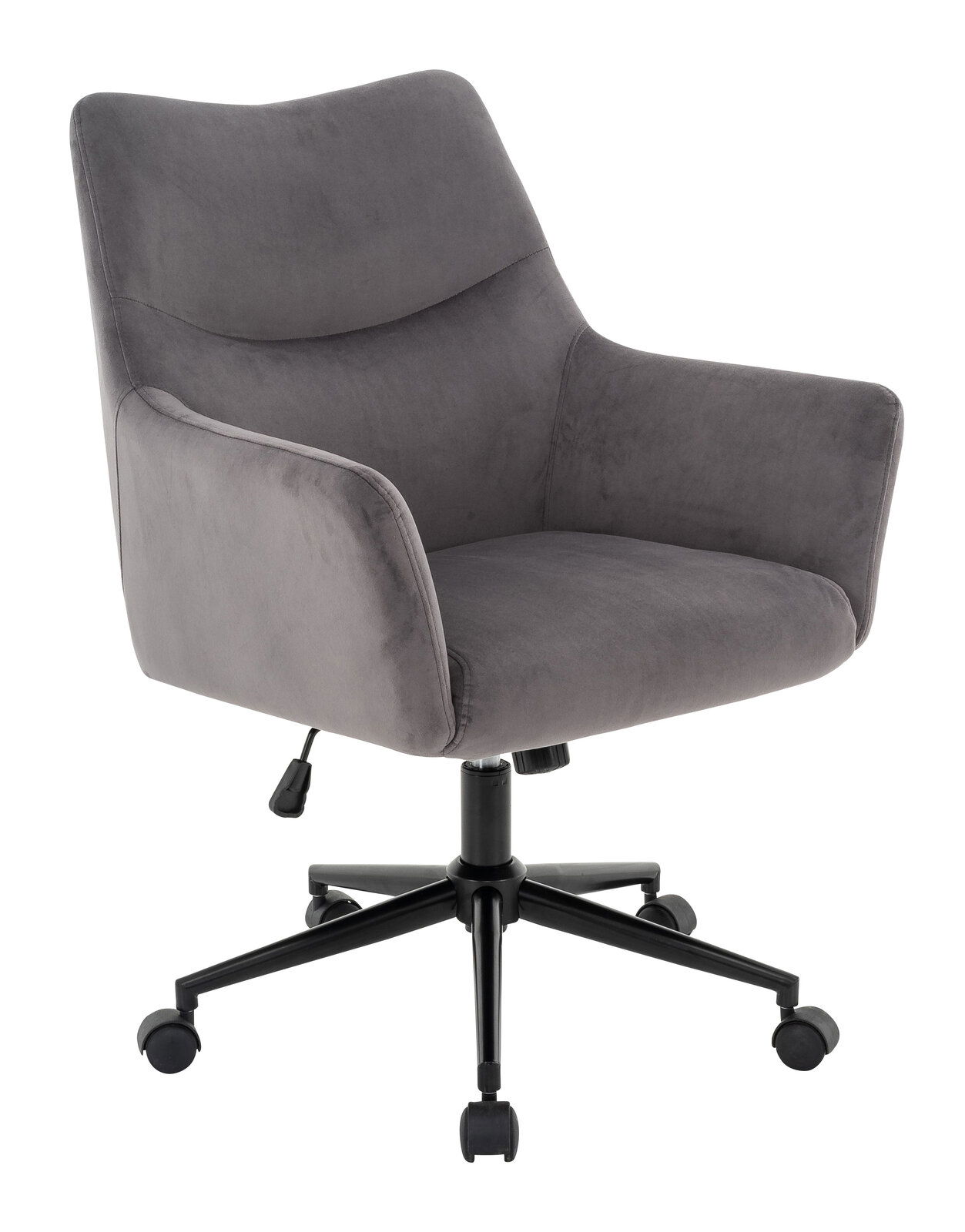 Carryhome Drehstuhl MALAGA Grauer Drehstuhl mit Armlehnen und fünf Rollen, seitliche Perspektive