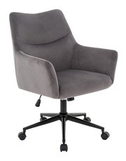 Grauer Drehstuhl mit Armlehnen und fünf Rollen, seitliche Perspektive