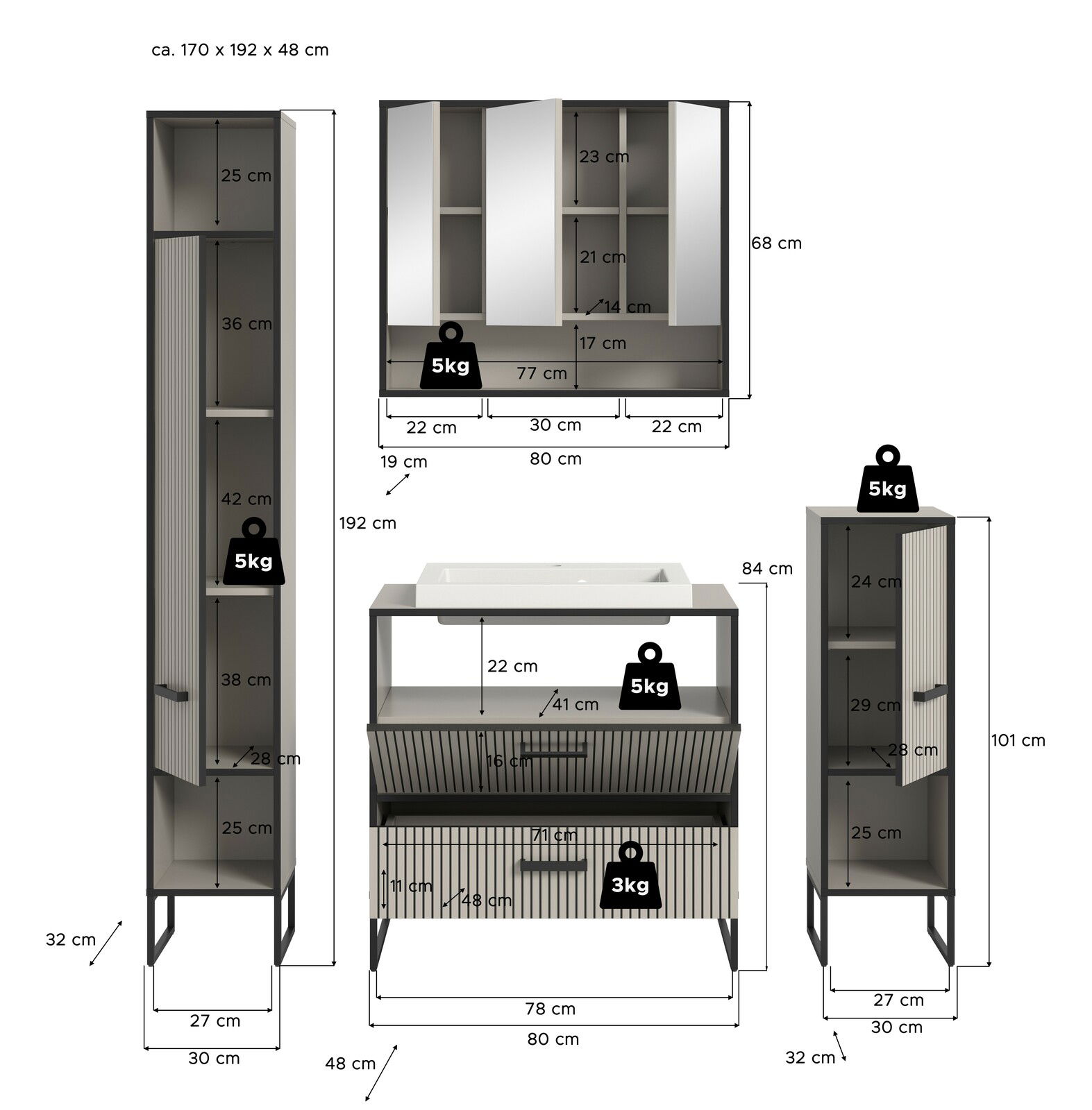 Badkombination bestehend aus einem hohen Schrank, einem Spiegelschrank und einem Waschtisch mit Unterschrank, alle in moderner, gerippter Optik. Die Abmessungen sind ca. 170 x 192 x 48 cm. Perspektive: Frontalansicht.